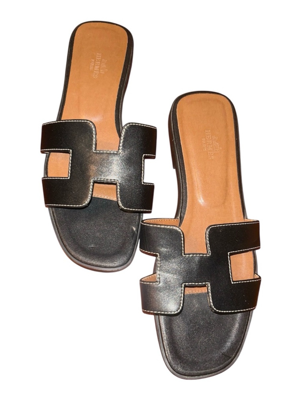 Hermes Oran Women's Slide US 8 Black Tan Calfskin Open Toe Casual Slip On Sandal - Picture 3 of 9